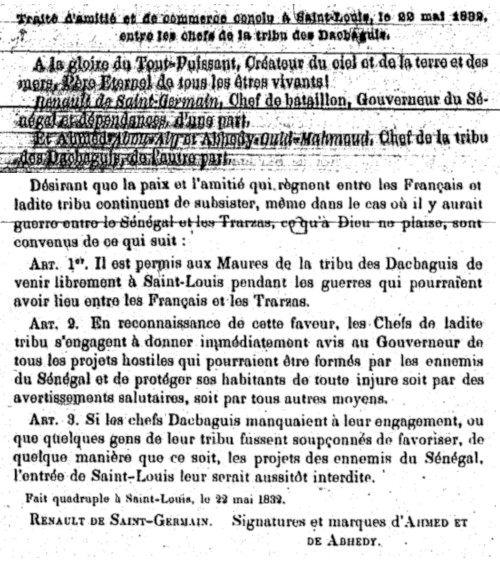 Traité d' amitié et de commerce conclu à Saint-Louis, le 29 mai 1932, entre les chefs de la tribu des Dacbaguis