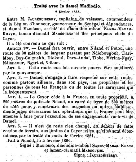 Traité conclu entre la France et le Damel Madiodio le 2 février 1862. <br>
