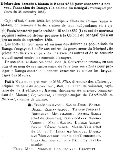 Déclaration dressée à Makam le 9 août 1863 pour consacrer l'annexion du Damga à la colonie du Sénégal (promulgué par Décret du 28 septembre 1863).
