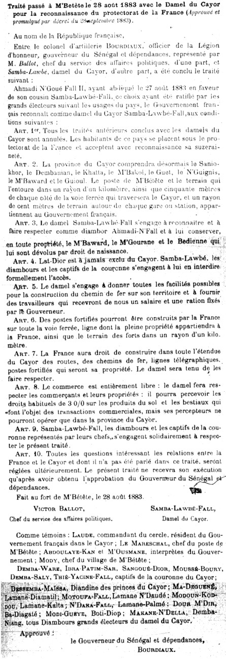 Traité passé à M'Betète le 28 août 1883 avec le Damel du Gayor pour la reconnaissance du protectorat de la France.