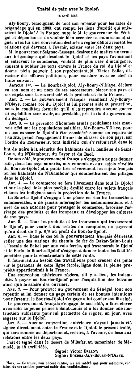 Traité avec les Djolof le 18 avril 1885