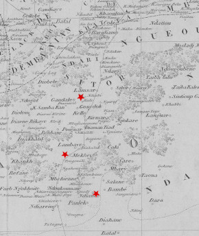 Extrait Carte des pays situés entre Gorée et Saint Louis: comprenant le Diambour, le Cayor, le Saniokhor, le Diander et le Baol / par M. Regnault, Lieutenant de Vaisseau en 1865; gravé par Pépin-Malherbe
