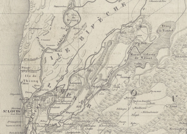 Détail carte de la banlieue de St Louis, du Oualo, du N Diambour levée et dressée par M. Bois, capitaine d'état-major; assisté de M. Frey, sous-lieutenant d'infanterie de marine en 1870
