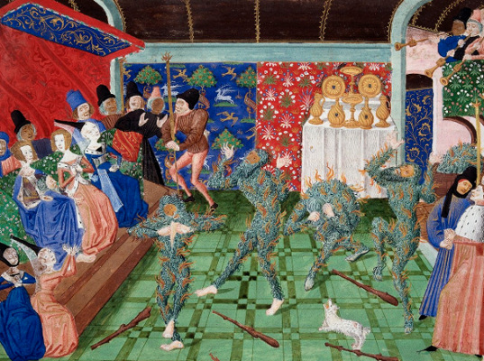Représentation du « Bal des ardents ». Miniature attribuée à Philippe de Mazerolles, tirée d'un manuscrit des Chroniques de Froissart. British Library, Harley 4380, fo 1