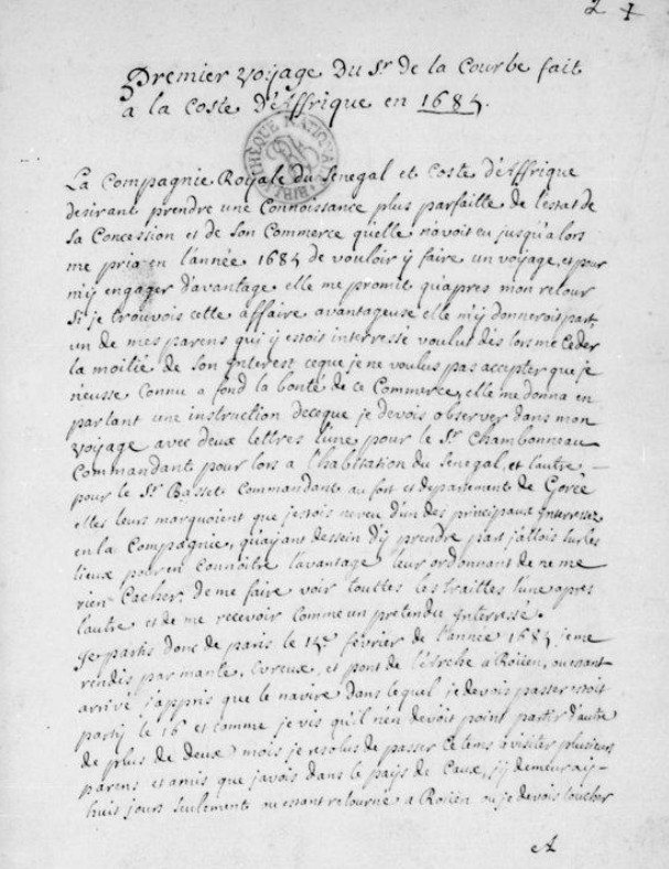 image première page livre original manuscrit du voyage en Afrique et Amériques fait en 1685 par Michel Jajolet de la Courbe